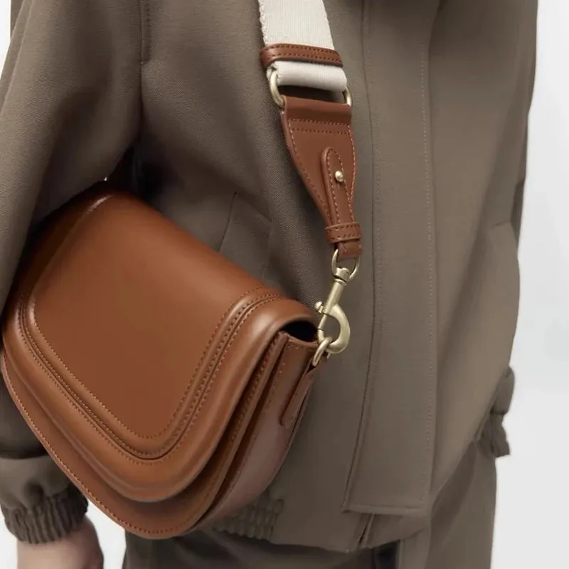 Luxury High Quality Leather Women's Fashion Flap Saddle Shoulder Handbag Purse Wide Strap Crossbody Messenger Bags