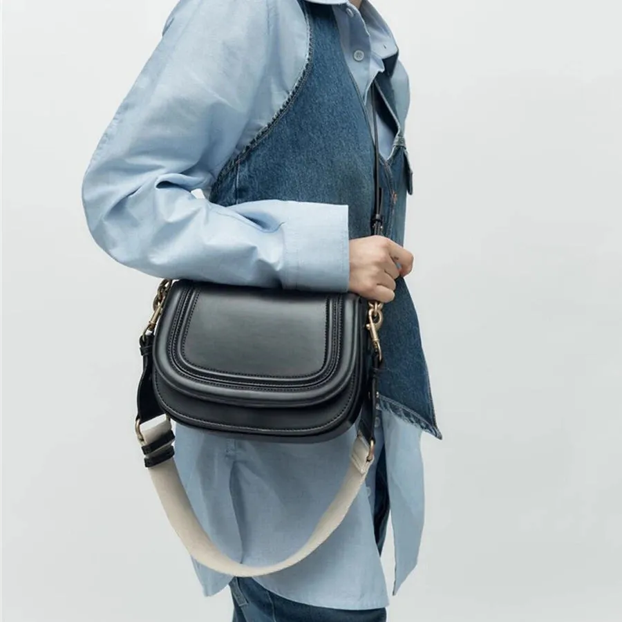 Luxury High Quality Leather Women's Fashion Flap Saddle Shoulder Handbag Purse Wide Strap Crossbody Messenger Bags