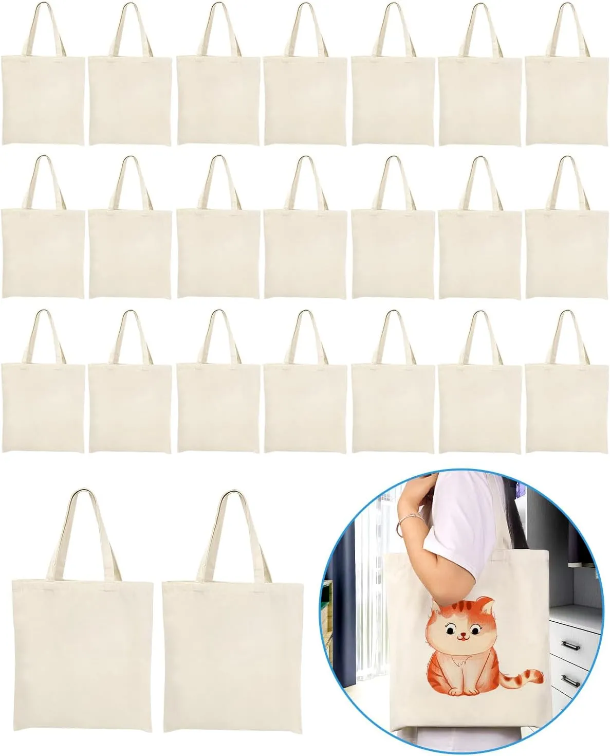 Lzerking Canvas Tote Bag Bulk 24 Pack 14x15 Inches Sublimation Tote Bags, 10oz Lightweight Medium Reusable Grocery Shopping Cloth Bags for Heat Transfer Vinyl