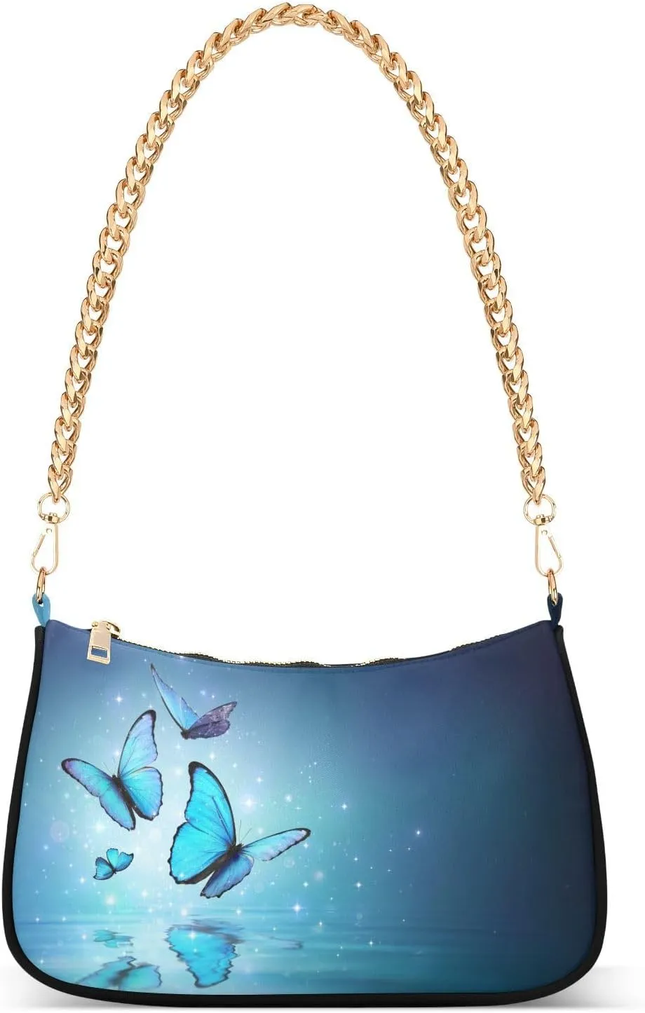 Magic Beautiful Blue Butterflies Print Shoulder Handbags for Women Travel Hobo Tote Handbag Women Gold Chain Shoulder Bags Purse with Zipper Closure