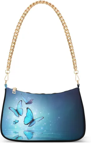 Magic Beautiful Blue Butterflies Print Shoulder Handbags for Women Travel Hobo Tote Handbag Women Gold Chain Shoulder Bags Purse with Zipper Closure