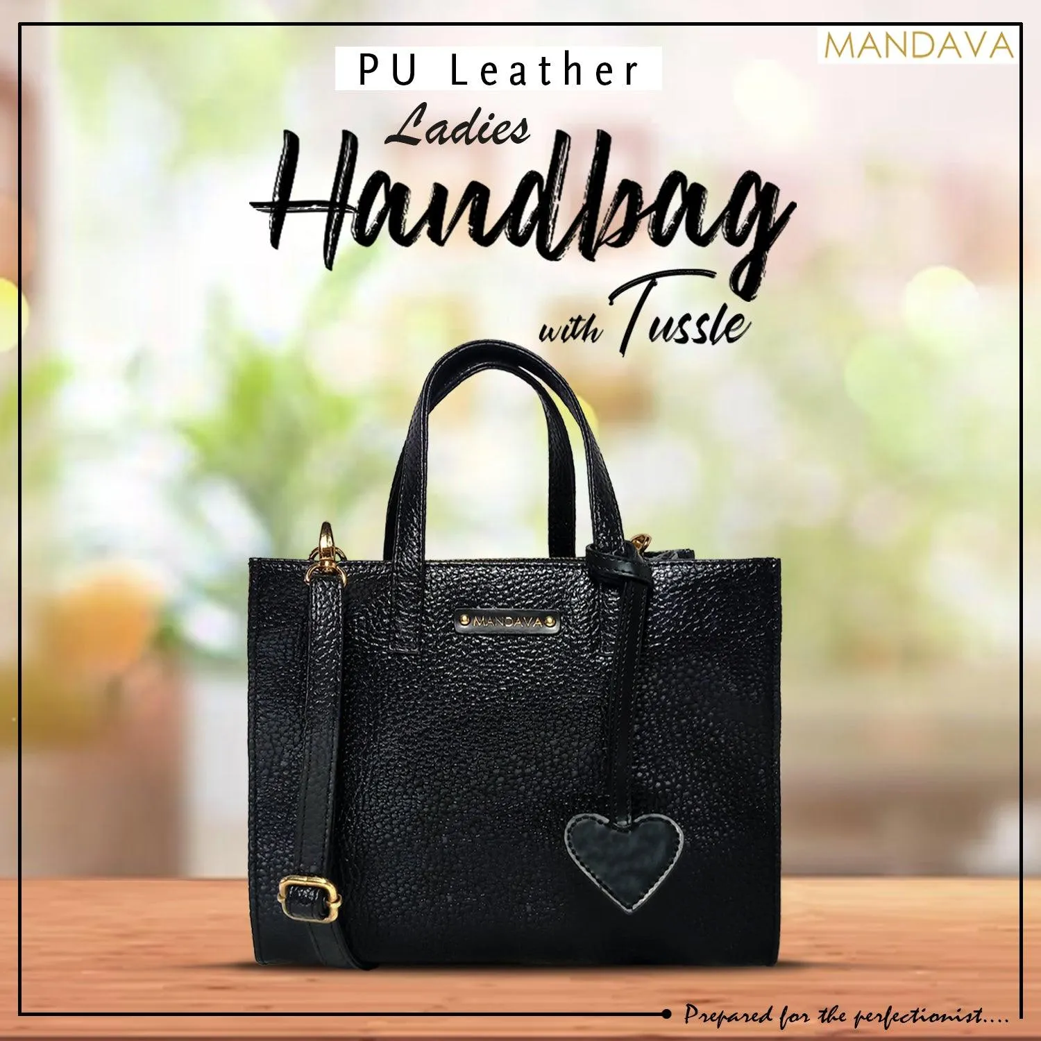 MANDAVA Women's/Ladies Top Handle PU Leather Handbag, Shoulder Bag with Tussle (Black)