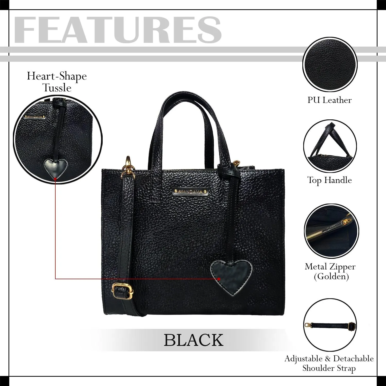 MANDAVA Women's/Ladies Top Handle PU Leather Handbag, Shoulder Bag with Tussle (Black)