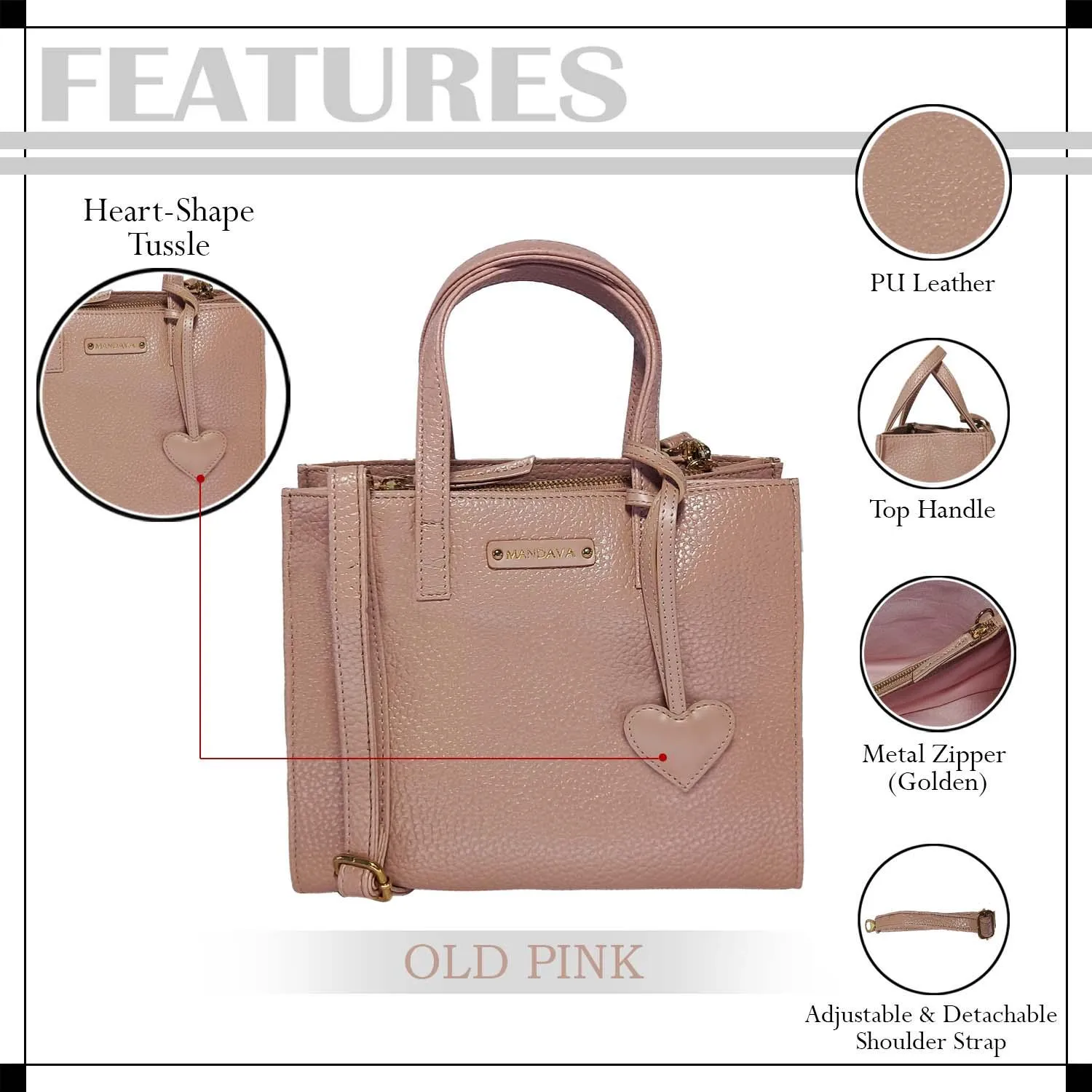 MANDAVA Women's/Ladies Top Handle PU Leather Handbag, Shoulder Bag with Tussle (Old Pink)