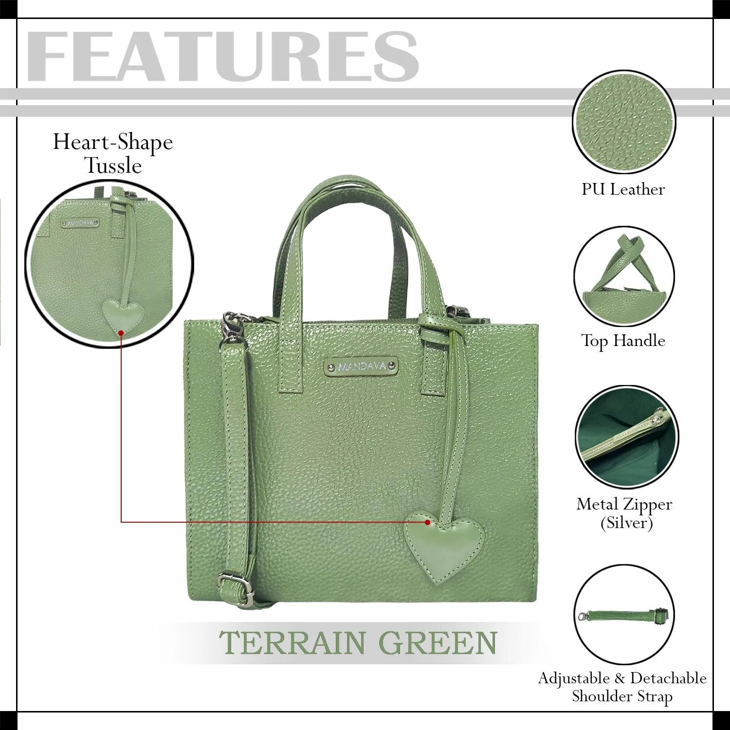 MANDAVA Women's/Ladies Top Handle PU Leather Handbag, Shoulder Bag with Tussle (Terrain Green)