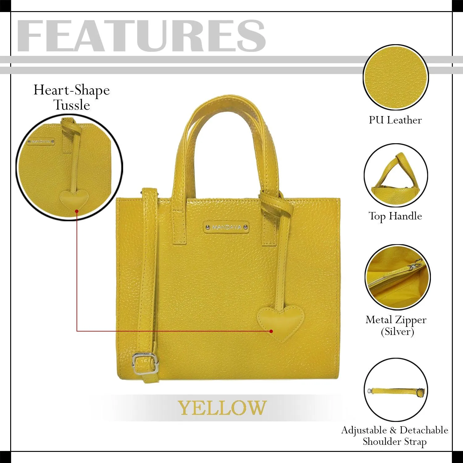 MANDAVA Women's/Ladies Top Handle PU Leather Handbag, Shoulder Bag with Tussle (Yellow)