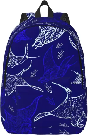 Manta Ray And Fish Print Canvas Backpack Women,Mens Travel Casual Daypack Bookbag For Laptop Work Travel Hiking