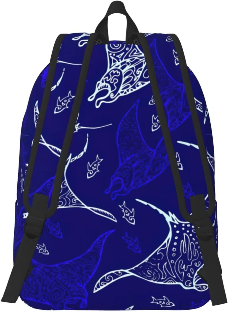 Manta Ray And Fish Print Canvas Backpack Women,Mens Travel Casual Daypack Bookbag For Laptop Work Travel Hiking