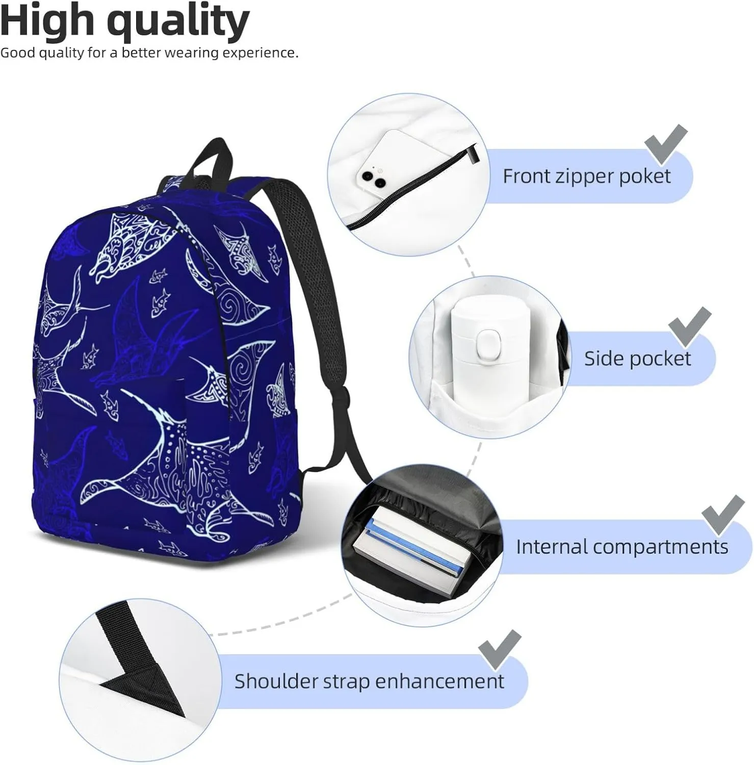 Manta Ray And Fish Print Canvas Backpack Women,Mens Travel Casual Daypack Bookbag For Laptop Work Travel Hiking