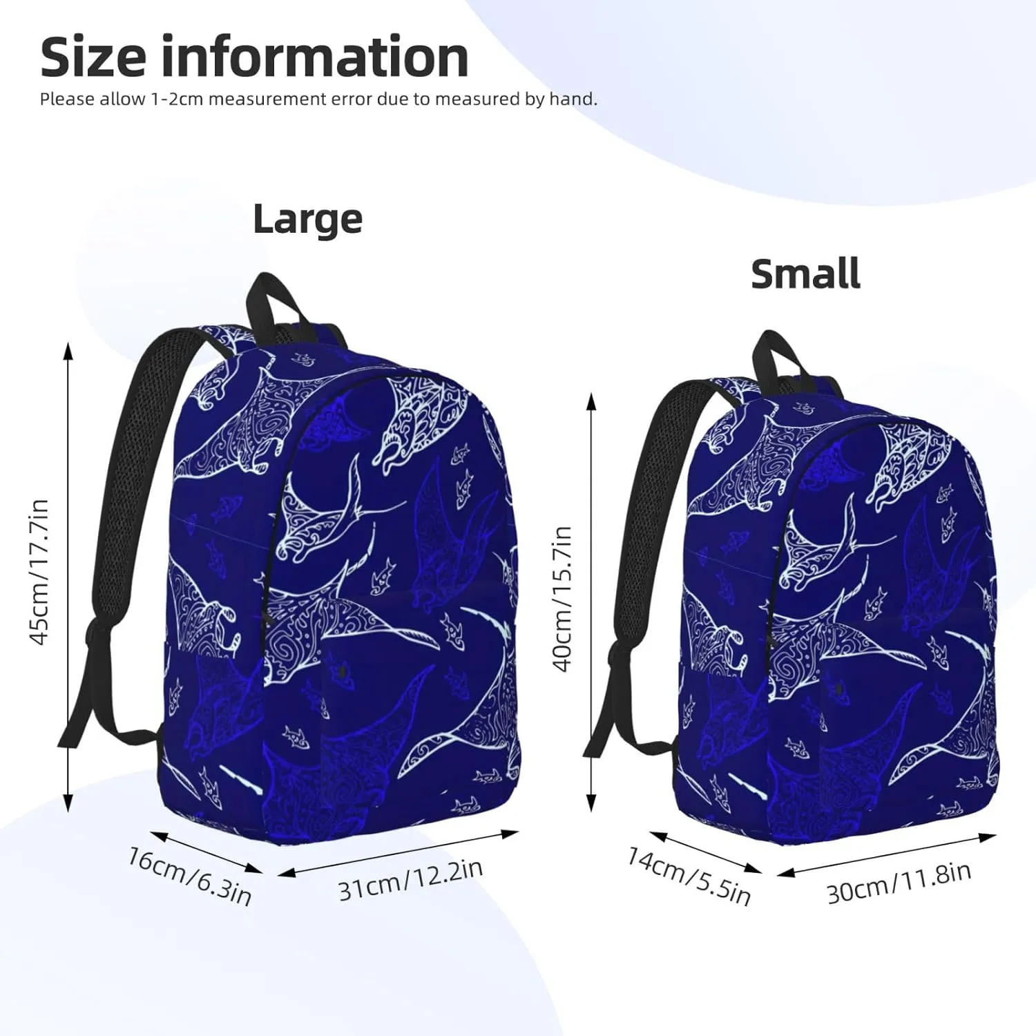 Manta Ray And Fish Print Canvas Backpack Women,Mens Travel Casual Daypack Bookbag For Laptop Work Travel Hiking