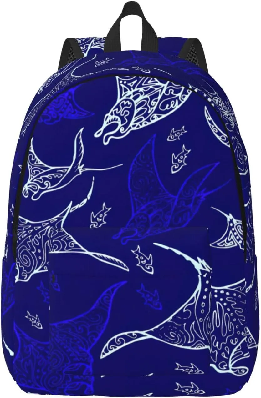 Manta Ray And Fish Print Canvas Backpack Women,Mens Travel Casual Daypack Bookbag For Laptop Work Travel Hiking