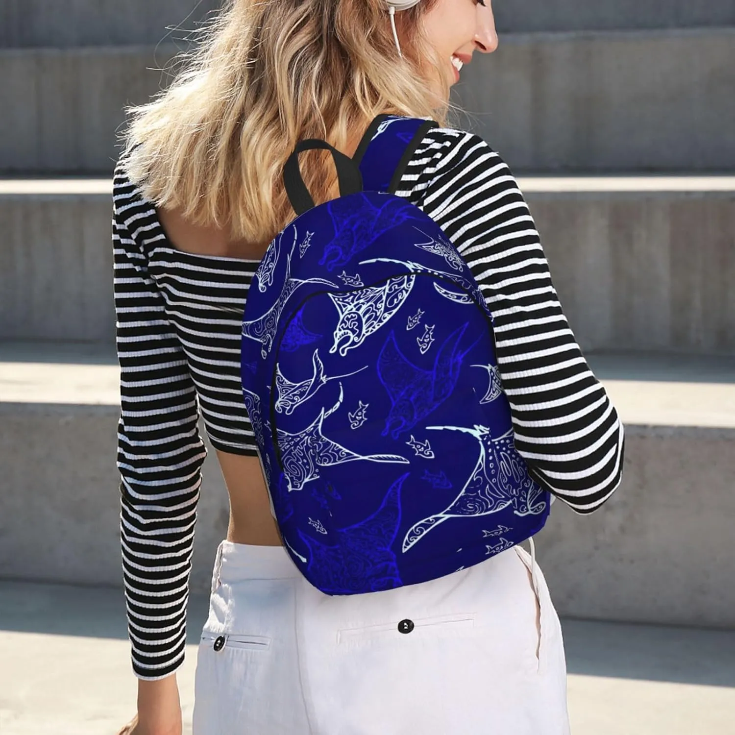 Manta Ray And Fish Print Canvas Backpack Women,Mens Travel Casual Daypack Bookbag For Laptop Work Travel Hiking