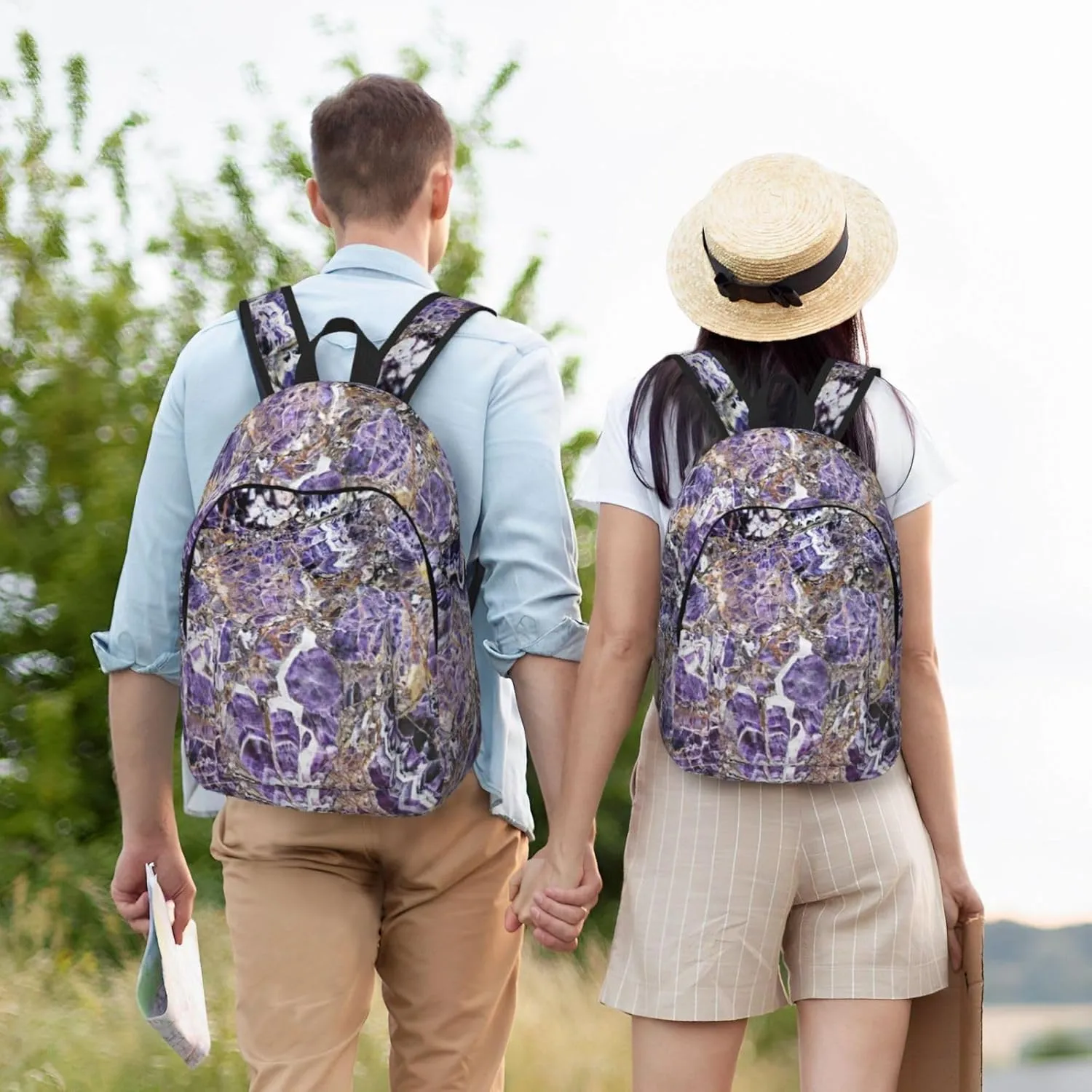 Marble Purple Print Canvas Backpack Women,Mens Travel Casual Daypack Bookbag For Laptop Work Travel Hiking