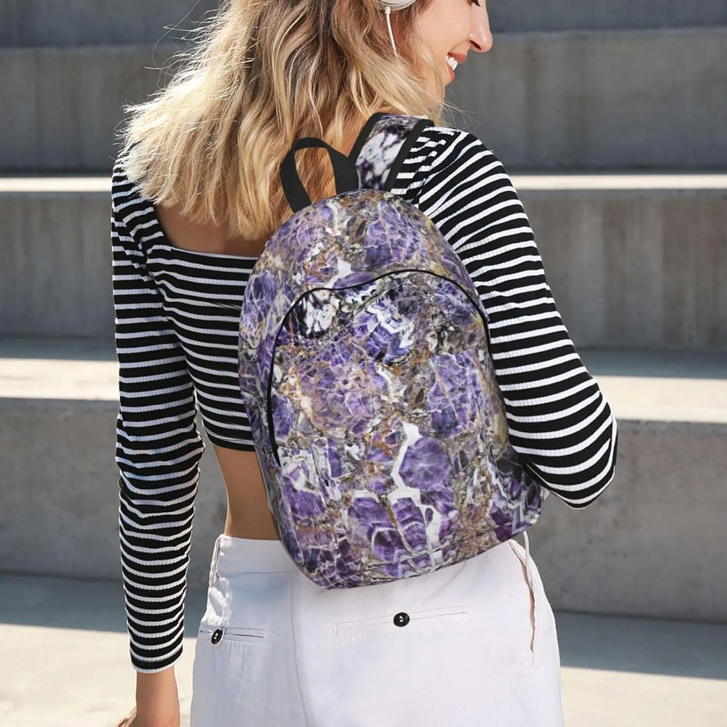 Marble Purple Print Canvas Backpack Women,Mens Travel Casual Daypack Bookbag For Laptop Work Travel Hiking