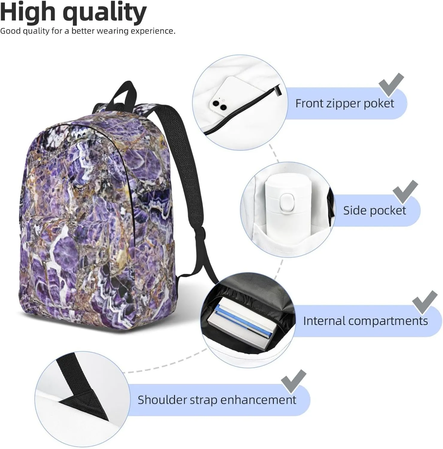 Marble Purple Print Canvas Backpack Women,Mens Travel Casual Daypack Bookbag For Laptop Work Travel Hiking