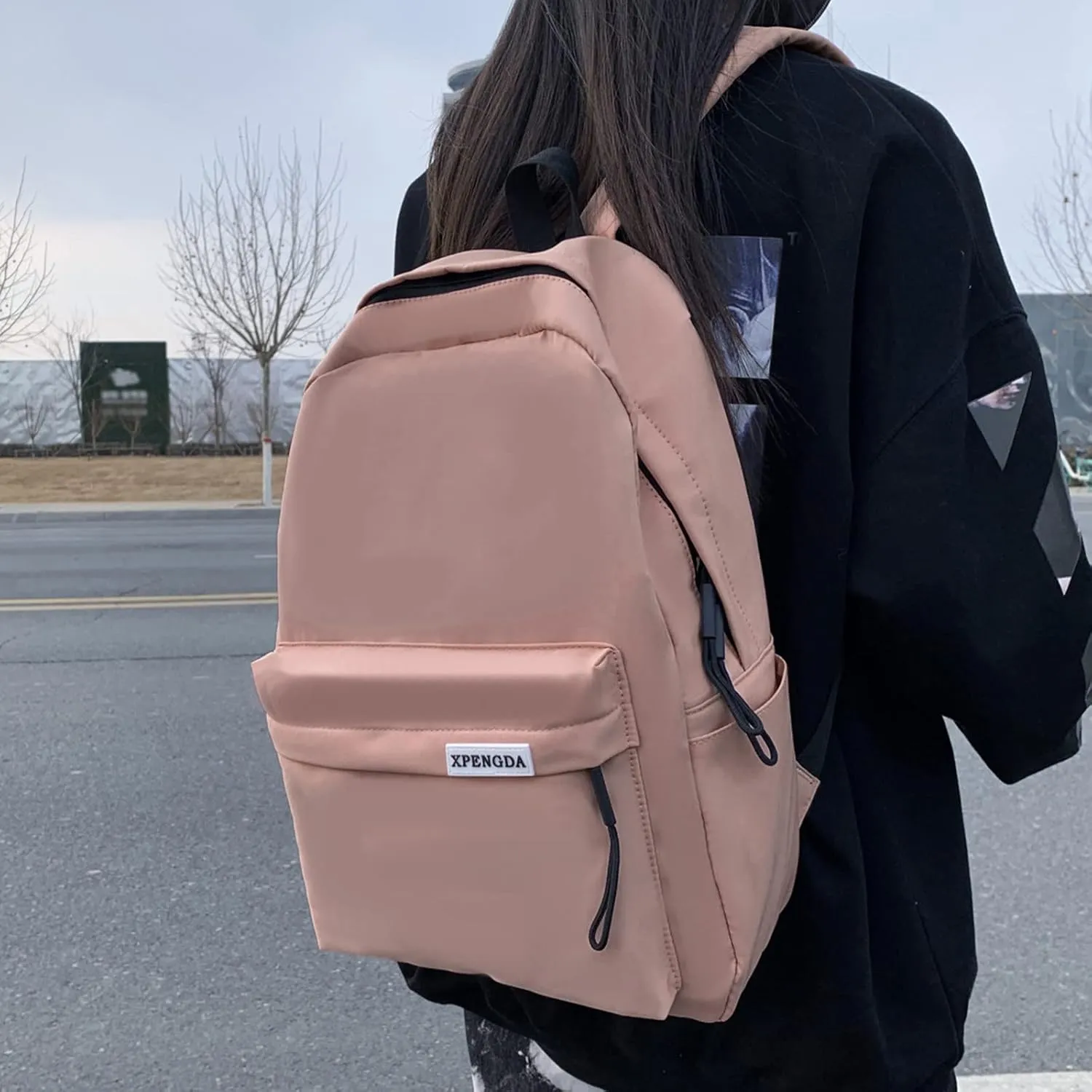 Men And Women Adult Fashion Solid Color Nylon Zipper Simple Large Capacity Student Backpack Retro Backpack (One Size)