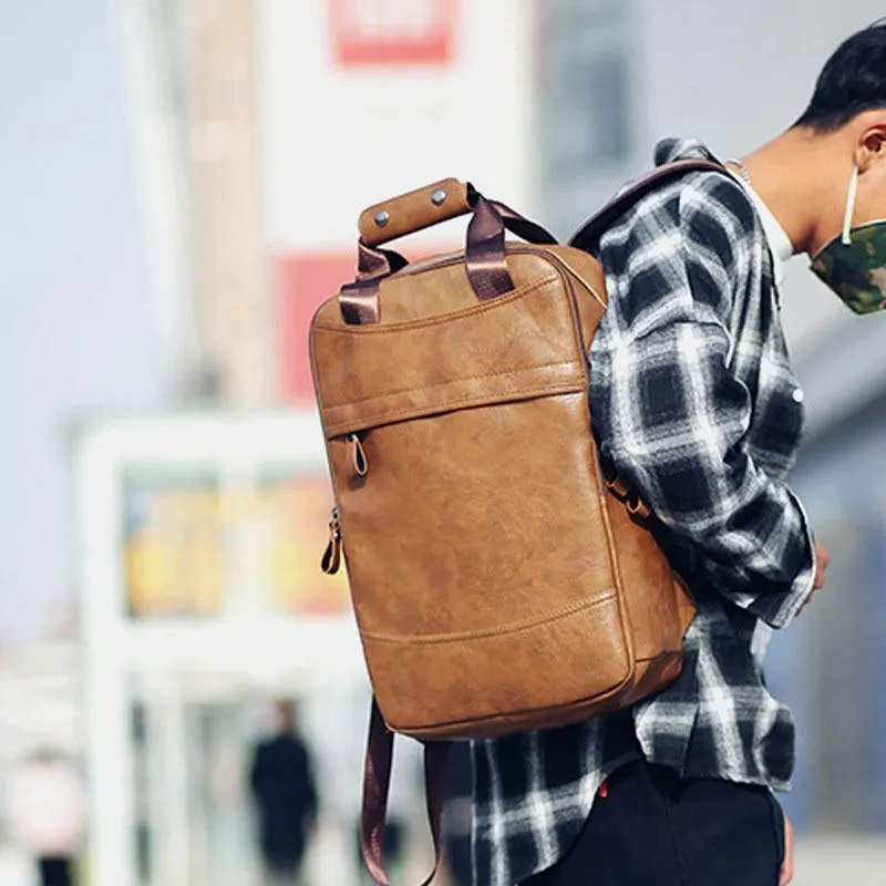 Men Large Capacity Faux Leather Backpack For Outdoor Travel