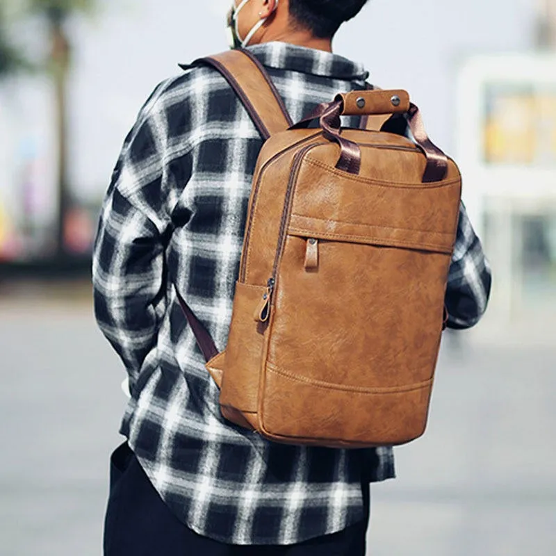 Men Large Capacity Faux Leather Backpack For Outdoor Travel