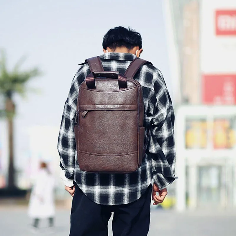 Men Large Capacity Faux Leather Backpack For Outdoor Travel