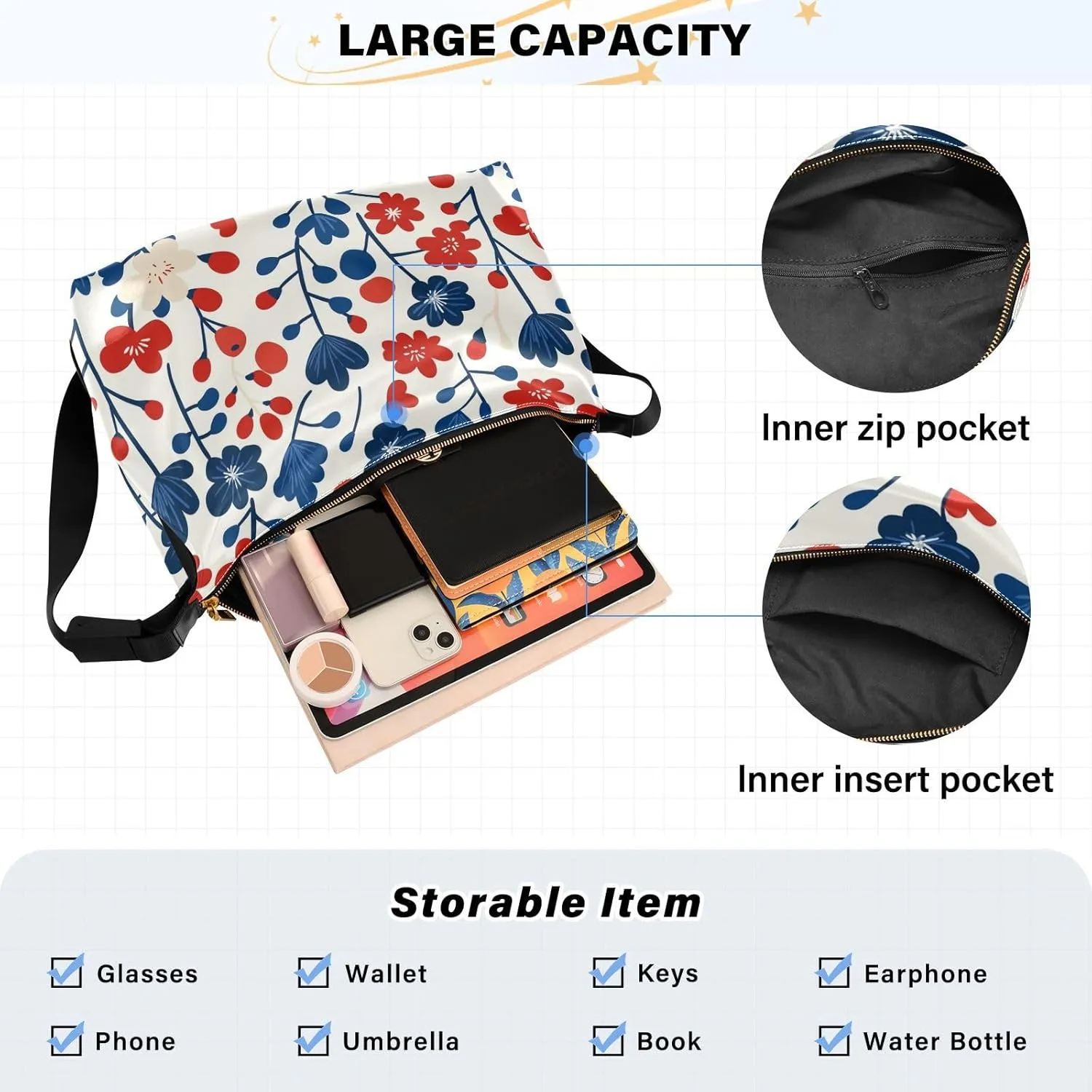 Men Medium Crossbody Bags Trendy Mens Shoulder Bags Crossbody Side Bag Flowers Vibrant Blossoms Japanese