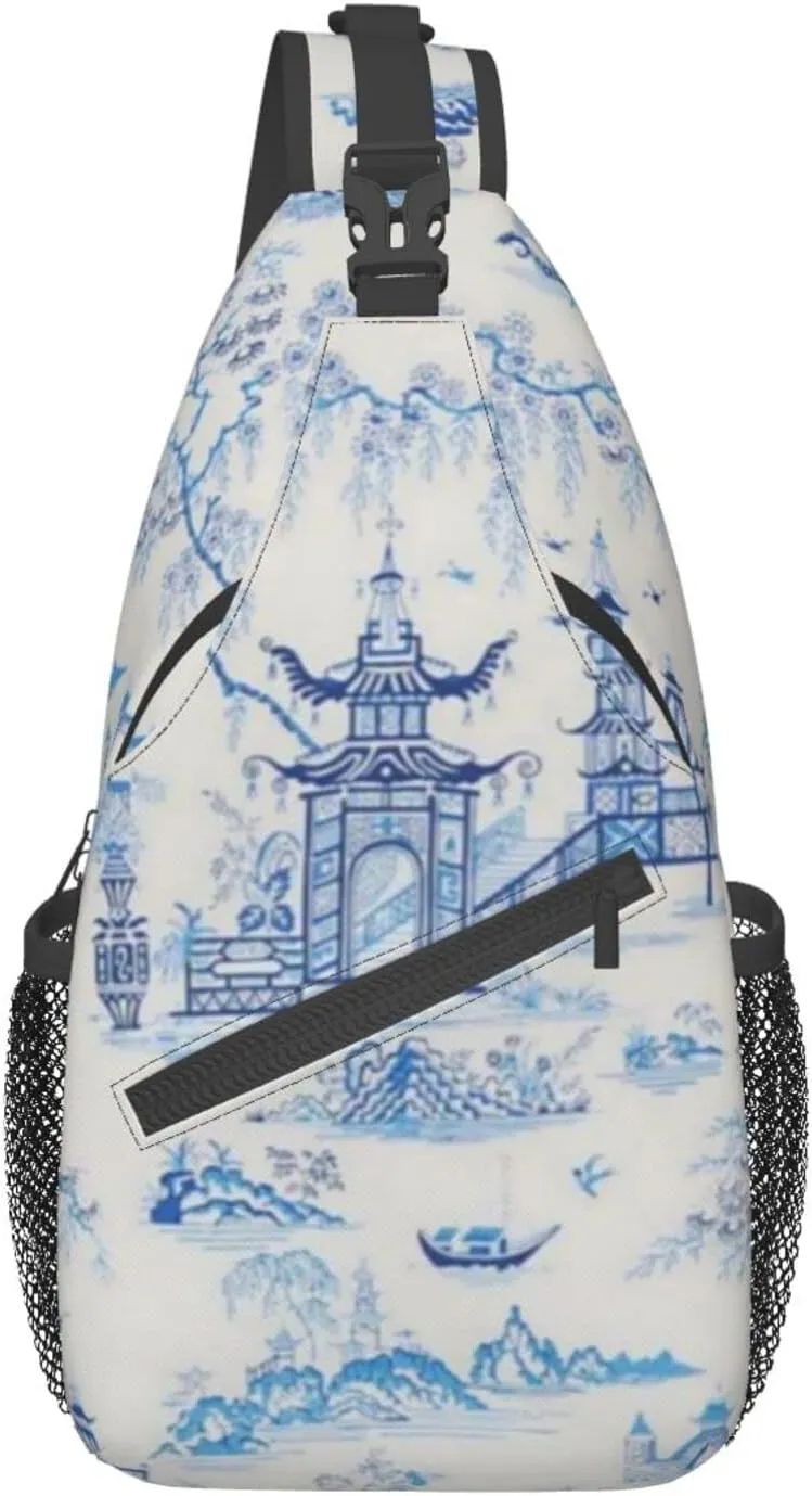 Men'S Crossbody Sling Backpack-Chinese Style Chinoiserie Blue Chest Bags Casual Sport Travel Hiking Daypack