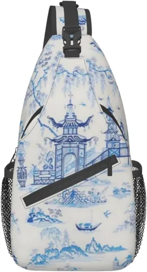 Men'S Crossbody Sling Backpack-Chinese Style Chinoiserie Blue Chest Bags Casual Sport Travel Hiking Daypack