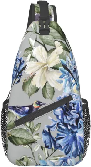 Men'S Crossbody Sling Backpack-Hydrangea Hibiscus Iris Bird Leaf Chest Bags Casual Sport Travel Hiking Daypack