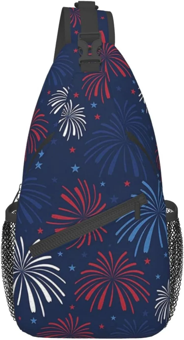 Men'S Crossbody Sling Backpack Independence Day Colorful Fireworks Chest Bags Casual Sport Travel Hiking Daypack