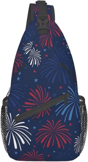 Men'S Crossbody Sling Backpack Independence Day Colorful Fireworks Chest Bags Casual Sport Travel Hiking Daypack