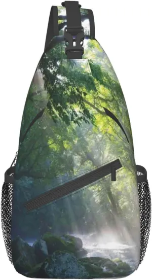 Men'S Crossbody Sling Backpack-Rainforest Stones Trees Sun Rays Theme Chest Bags Casual Sport Travel Hiking Daypack