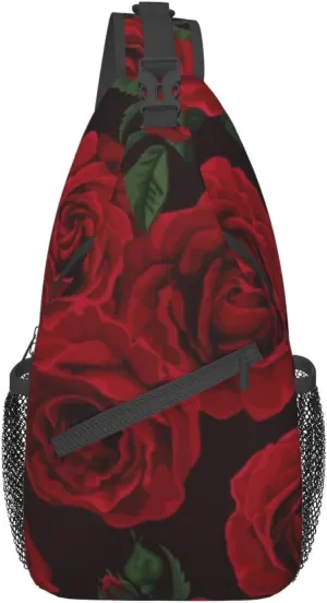 Men'S Crossbody Sling Backpack-Red Rose Flower Black Chest Bags Casual Sport Travel Hiking Daypack