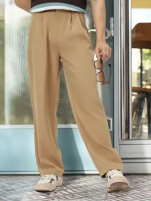 Men's Khaki Loose Baggy Fit Solid Korean Trousers Stretchable