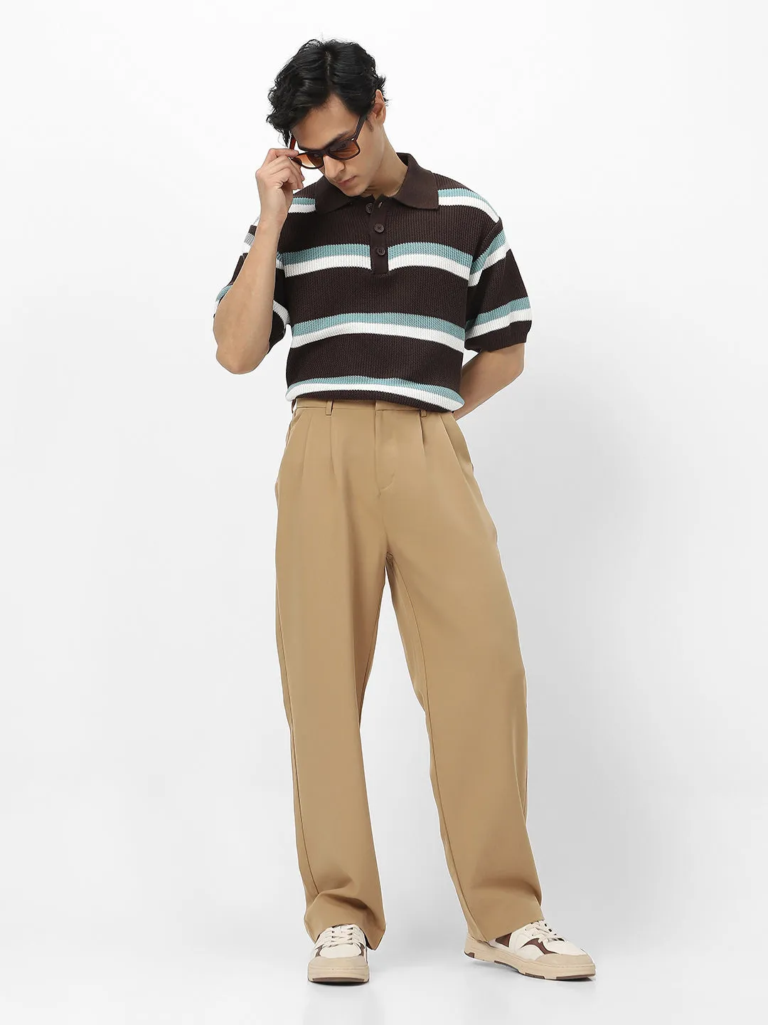 Men's Khaki Loose Baggy Fit Solid Korean Trousers Stretchable