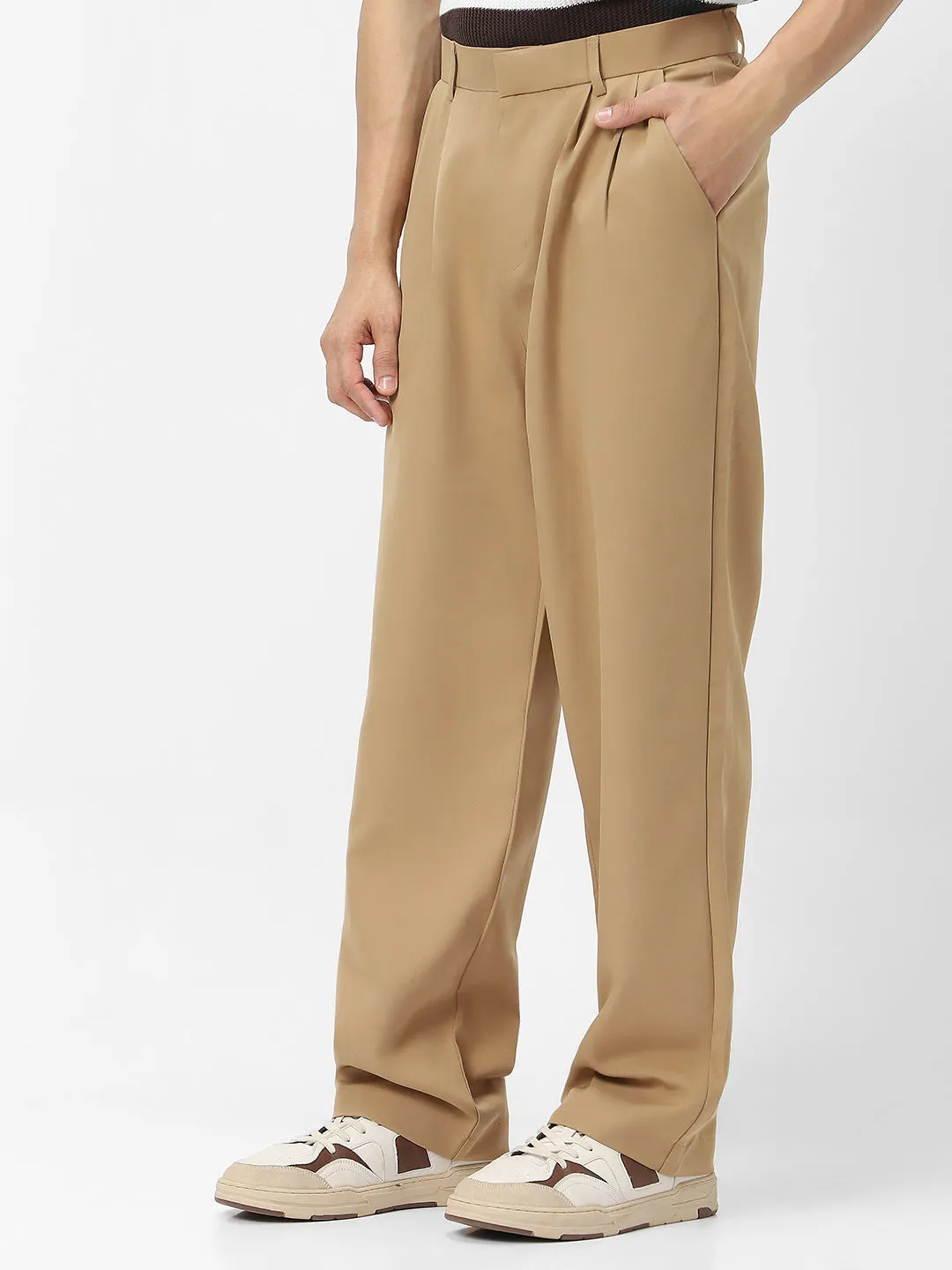 Men's Khaki Loose Baggy Fit Solid Korean Trousers Stretchable