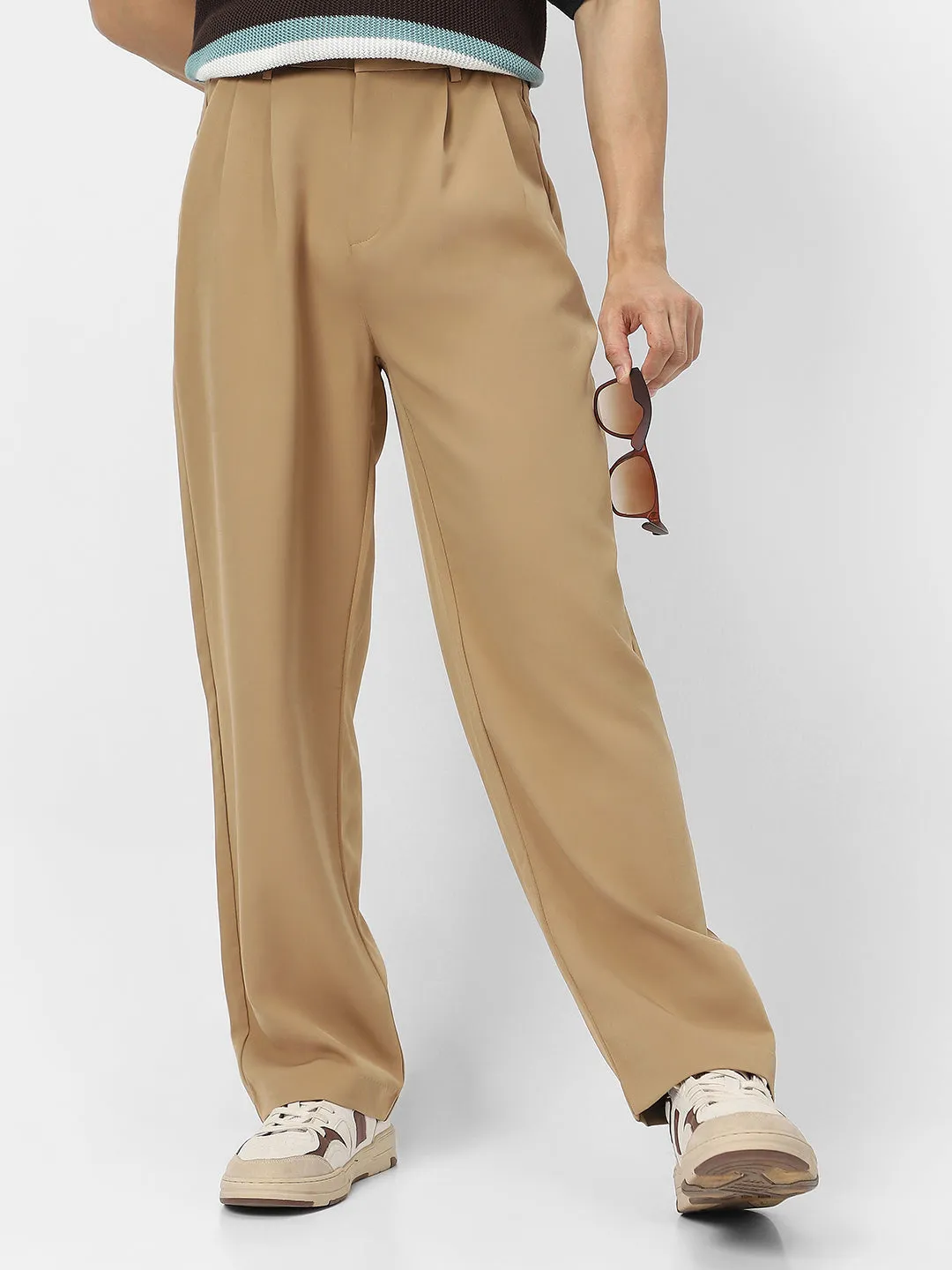 Men's Khaki Loose Baggy Fit Solid Korean Trousers Stretchable
