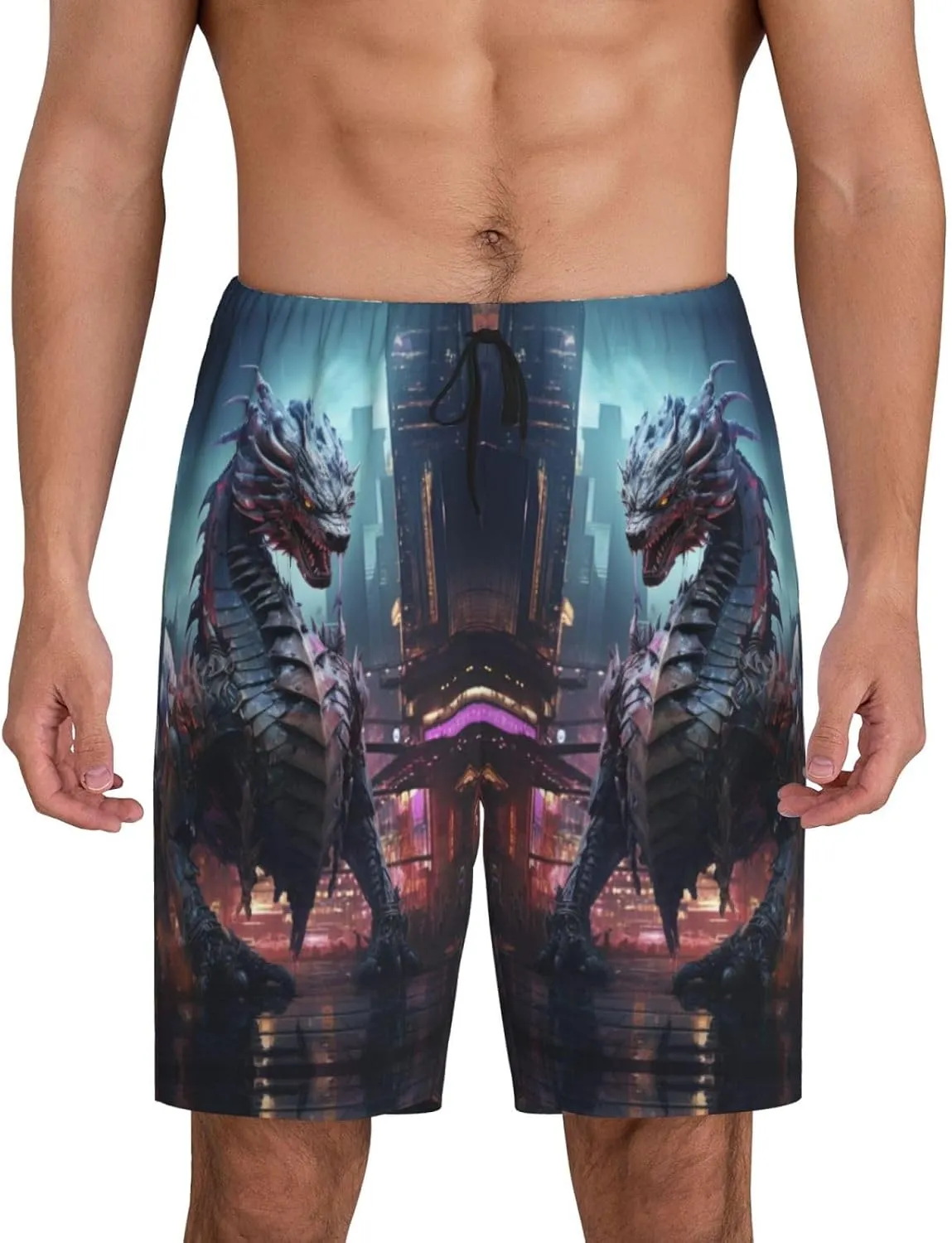 Mens Pajama Pants - Urban Mechanical Dragon Sleep Comfy Shorts Mens Pajama Shorts, Pj Pants for Mens Lounge Shorts