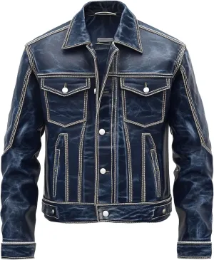 Mens Trucker Jacket Denim Style Multi Pocket Genuine Leather Jackets