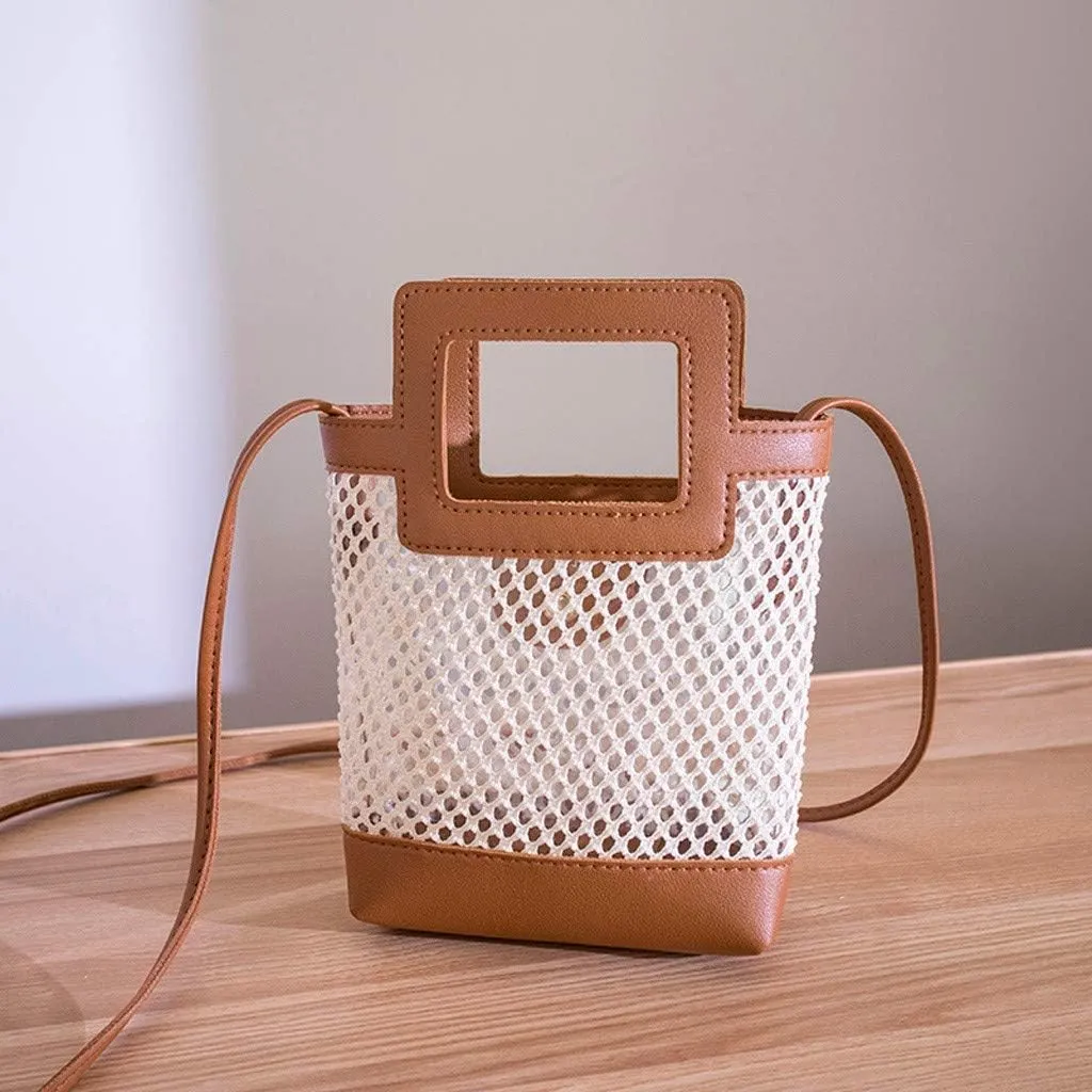 Messenger Beach Weaving Bags Hollow Fashion Shoulder Women Hasp Hand Bag Canvas Shoulder Bags (Brown, One Size)