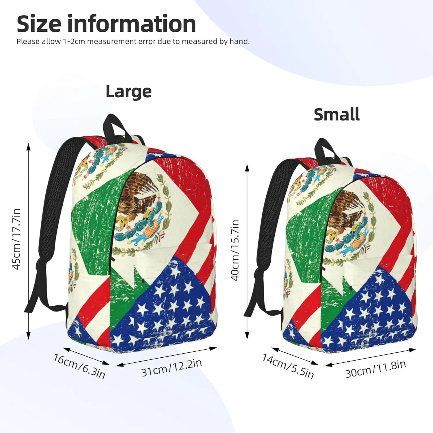 Mexican American Flag Print Canvas Backpack Women,Mens Travel Casual Daypack Bookbag For Laptop Work Travel Hiking