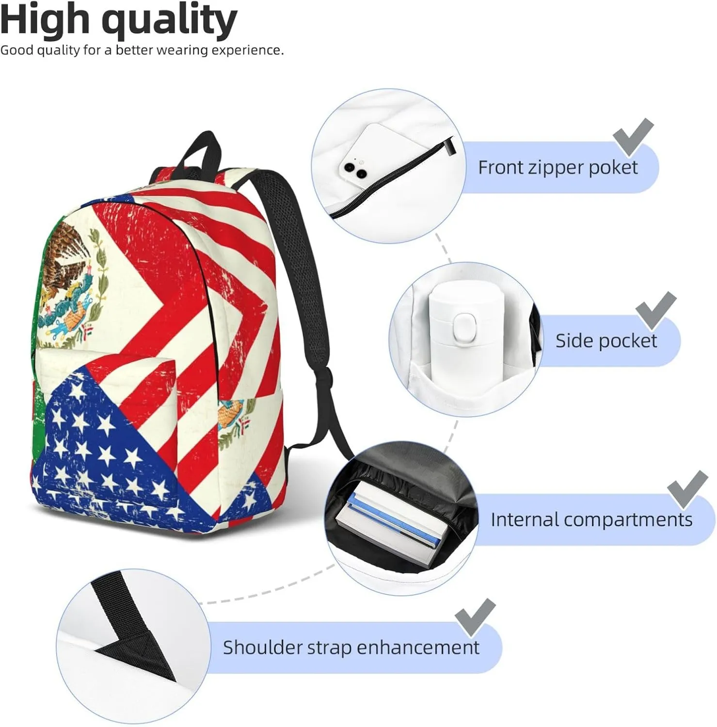 Mexican American Flag Print Canvas Backpack Women,Mens Travel Casual Daypack Bookbag For Laptop Work Travel Hiking