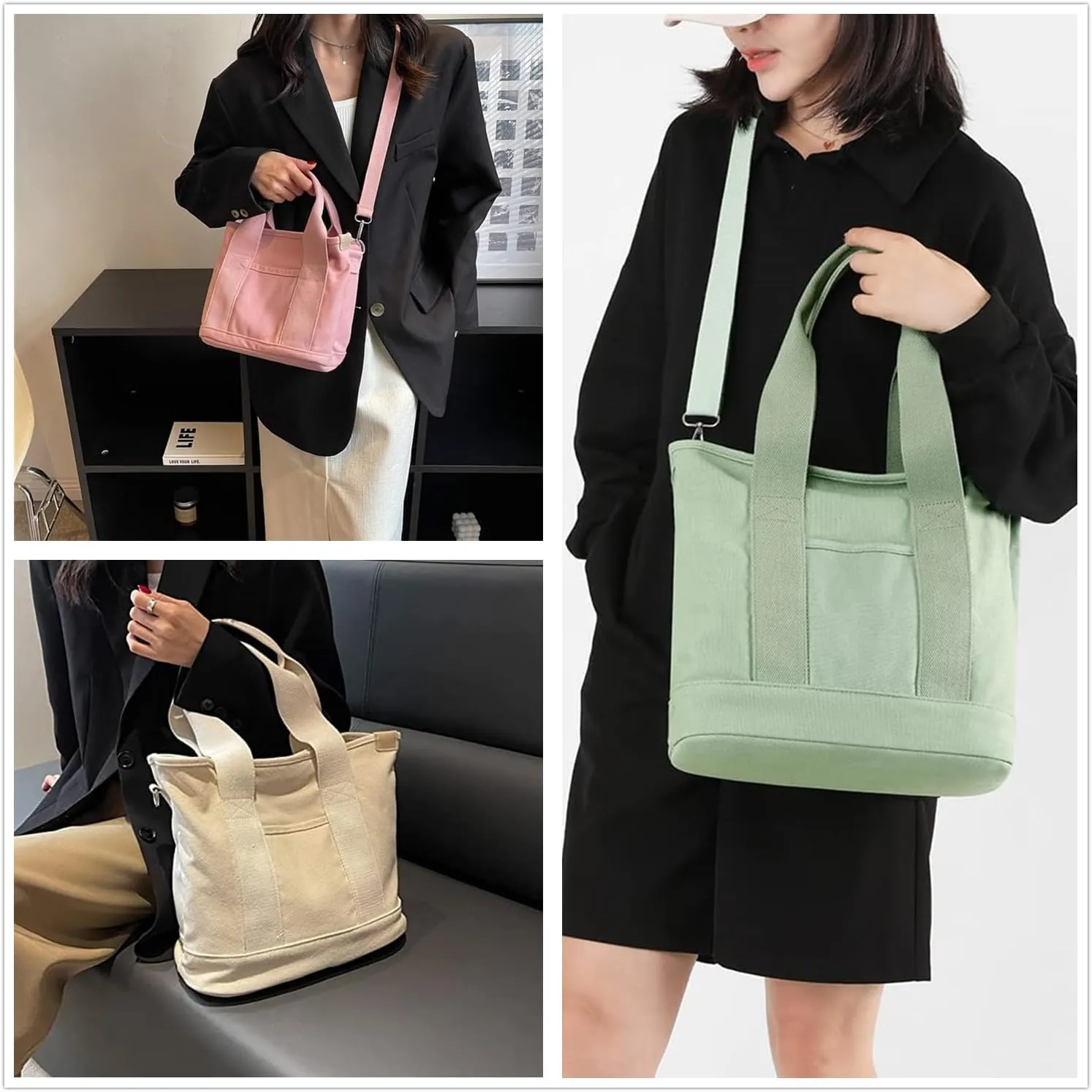 MINGRI Canvas Tote Bag for Women, Small Tote Bag with Zip, Canvas Crossbody Bag, Everything Tote Bag with Compartments