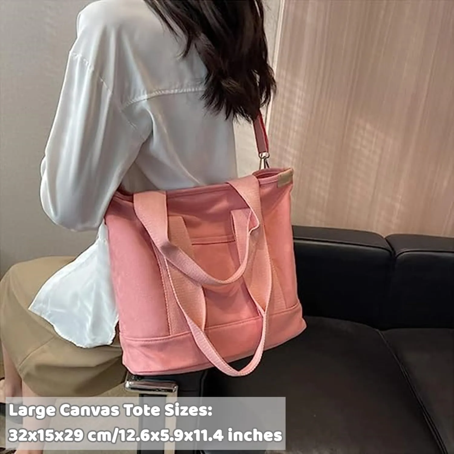 MINGRI Canvas Tote Bag for Women, Small Tote Bag with Zip, Canvas Crossbody Bag, Everything Tote Bag with Compartments
