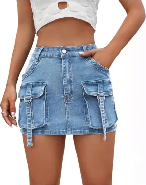 Mini Jean Skirts for Women Denim Cargo Skirt Mid Rise Stretch Slim Fit Y2k Distressed Short Skirt with Mulity Pockets