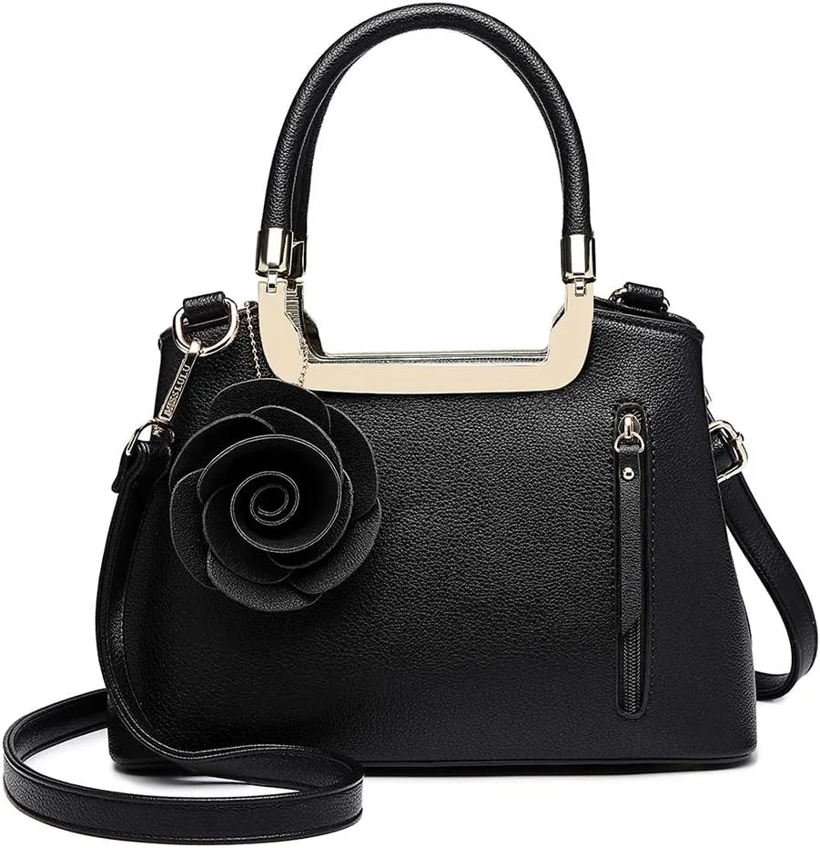 Miss Lulu Women Elegant Top Handle Bag Small Trend Shoulder Bag Pu Leather Flower Charm Structured Handbag Crossbody Bag, Black, Medium