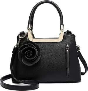 Miss Lulu Women Elegant Top Handle Bag Small Trend Shoulder Bag Pu Leather Flower Charm Structured Handbag Crossbody Bag, Black, Medium