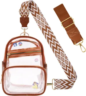 MOVOYEE Clear Bag Stadium Approved Crossbody Bags for Women Trendy Girls Kids Men Boy Events Concert Travel Sport Gift,Leather Shoulder Small Clear Purse Sling Bag Water Bottle Adjustable Strap Brown
