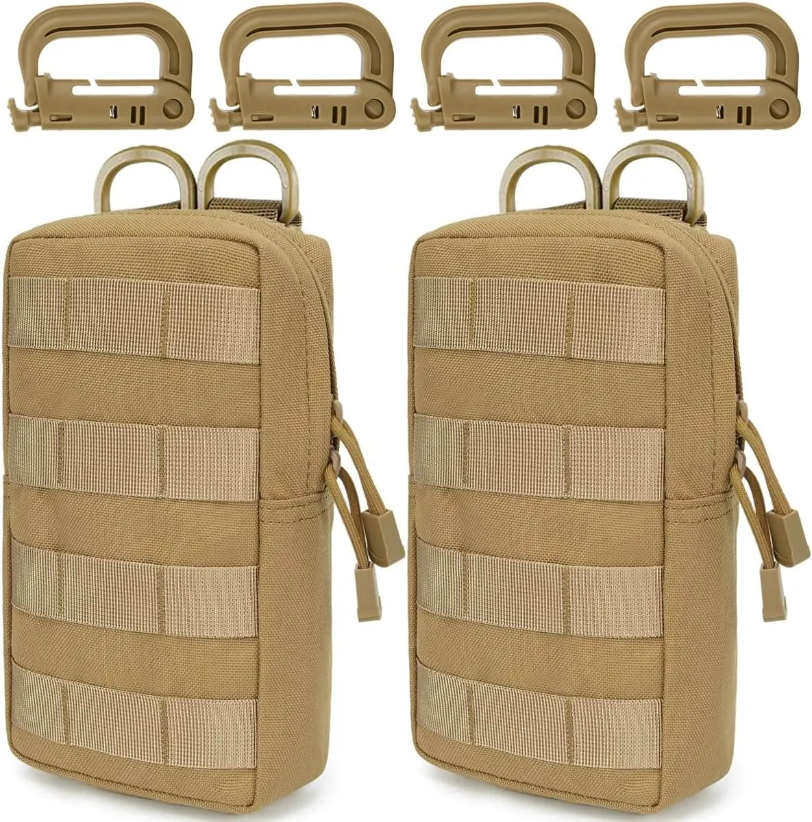 MUCHER 2 Pack Molle Bag Tactical Waist Bags EDC Utility Bum Bag Waist Bag with 4 Hooks Backpack Additional Pockets for Outdoor Hiking Hunting Camping Training (L, Khaki)