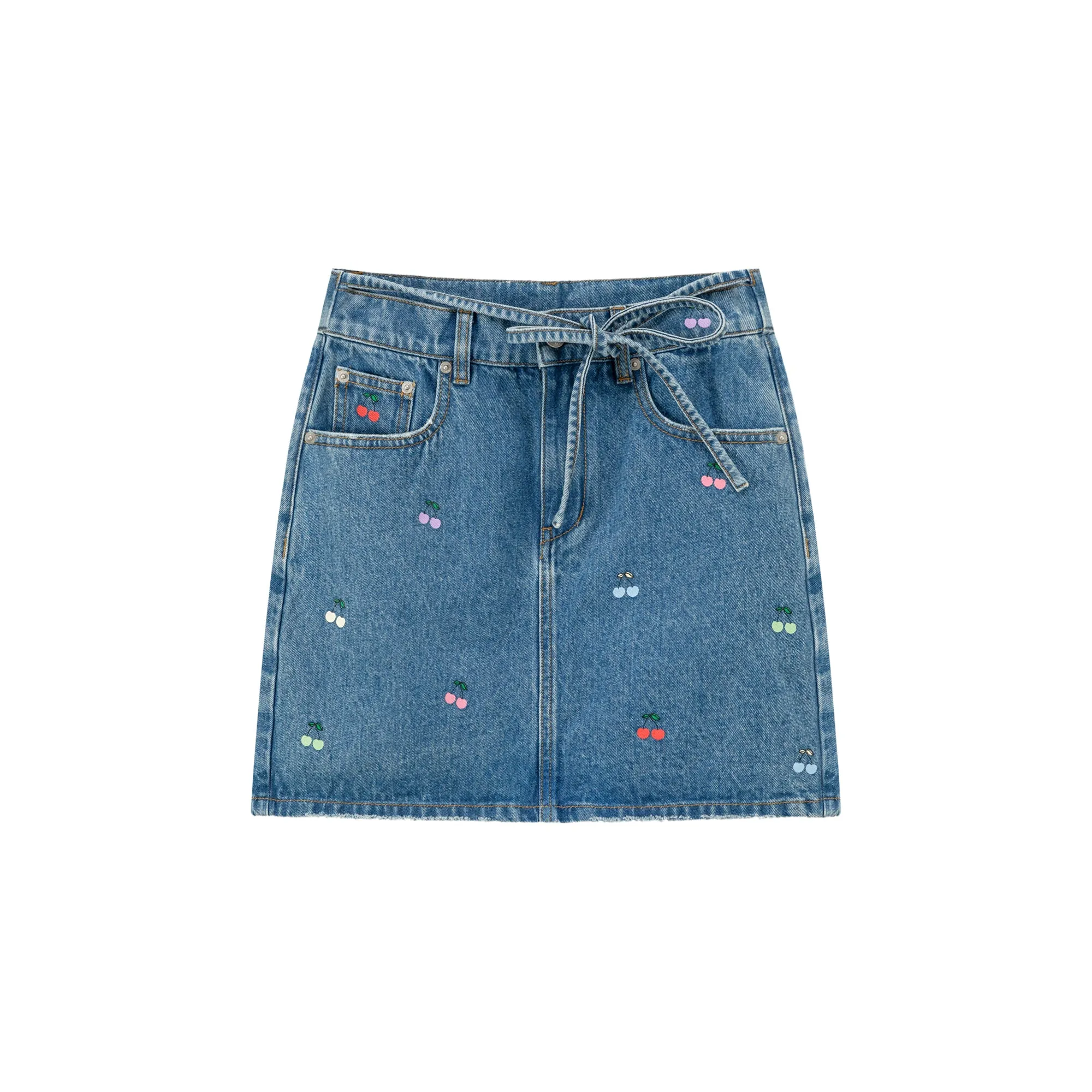 Multi Color Cherry Ribbon Tie Denim Mini Skirt