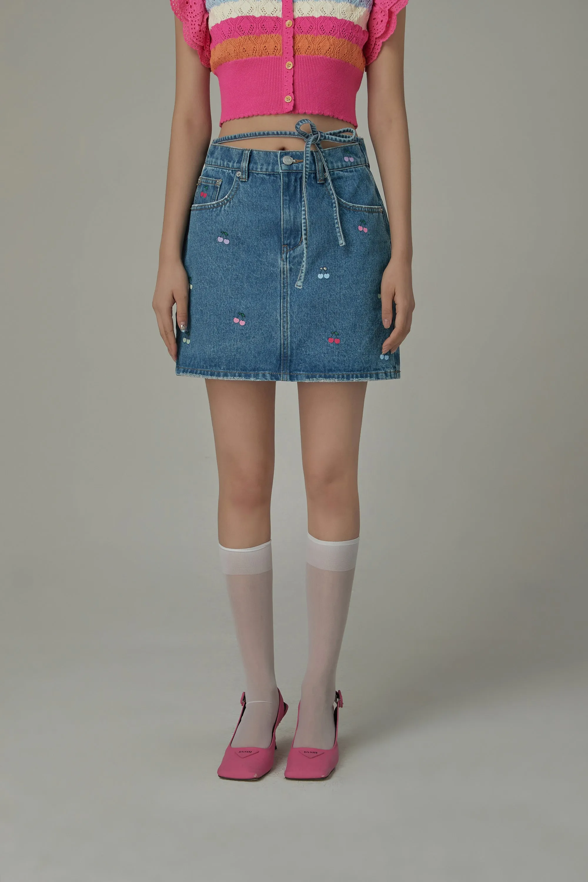 Multi Color Cherry Ribbon Tie Denim Mini Skirt