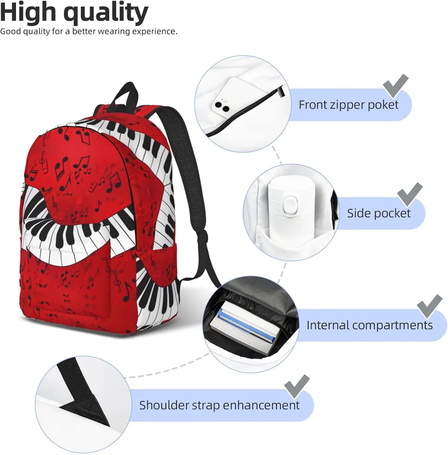 Music Note Piano Print Canvas Backpack Women,Mens Travel Casual Daypack Bookbag For Laptop Work Travel Hiking